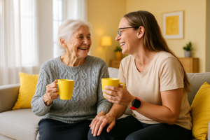 Mother and Daughter sharing cup of tea in her new granny flat