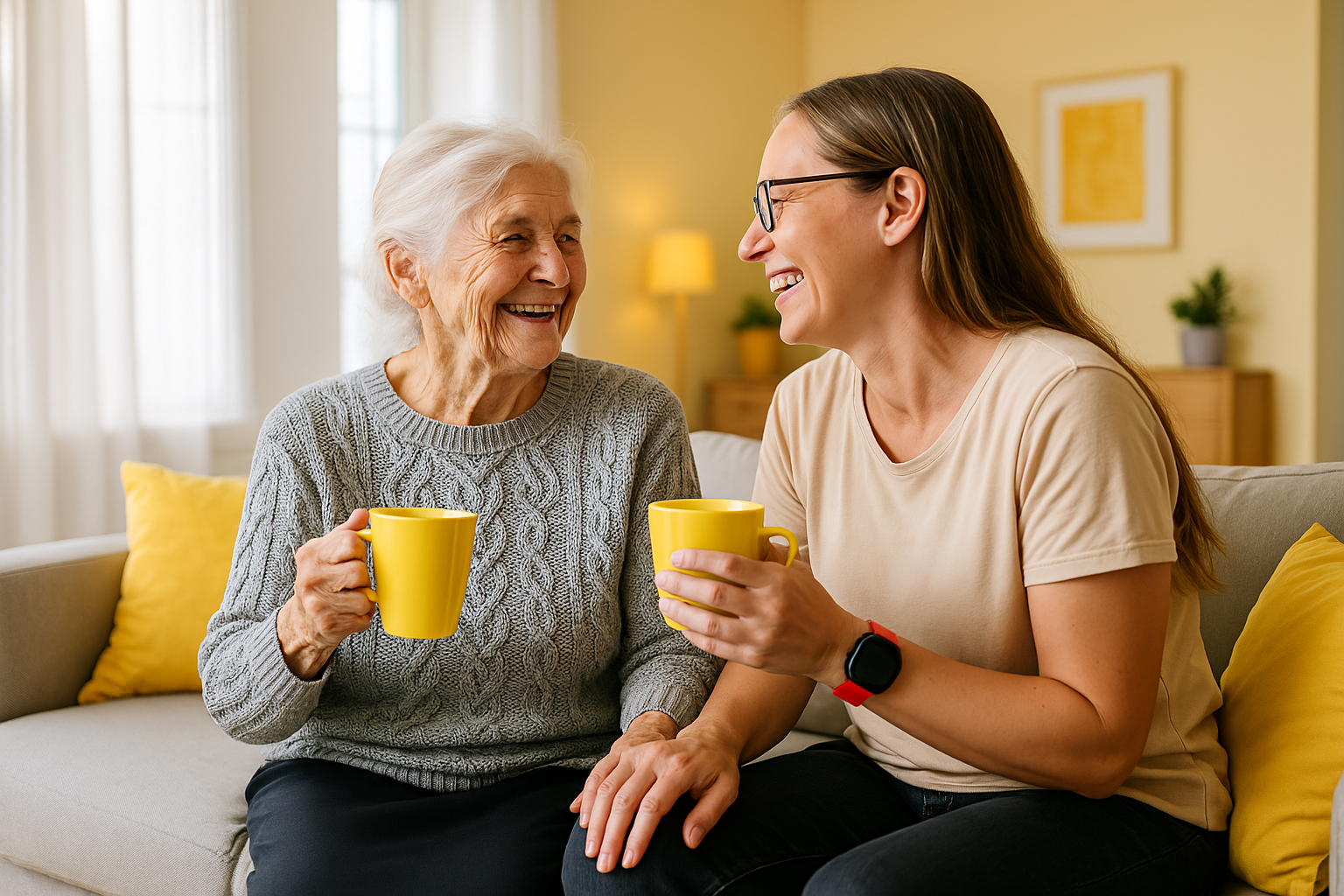 Mother and Daughter sharing cup of tea in her new granny flat
