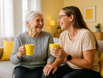 Mother and Daughter sharing cup of tea in her new granny flat